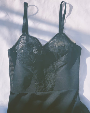 vintage black satin & mesh fitted slip.
